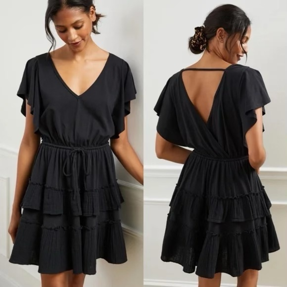 Daily Practice by Anthropologie Tiered Ruffle‎ Mini Dress in Black Size Small